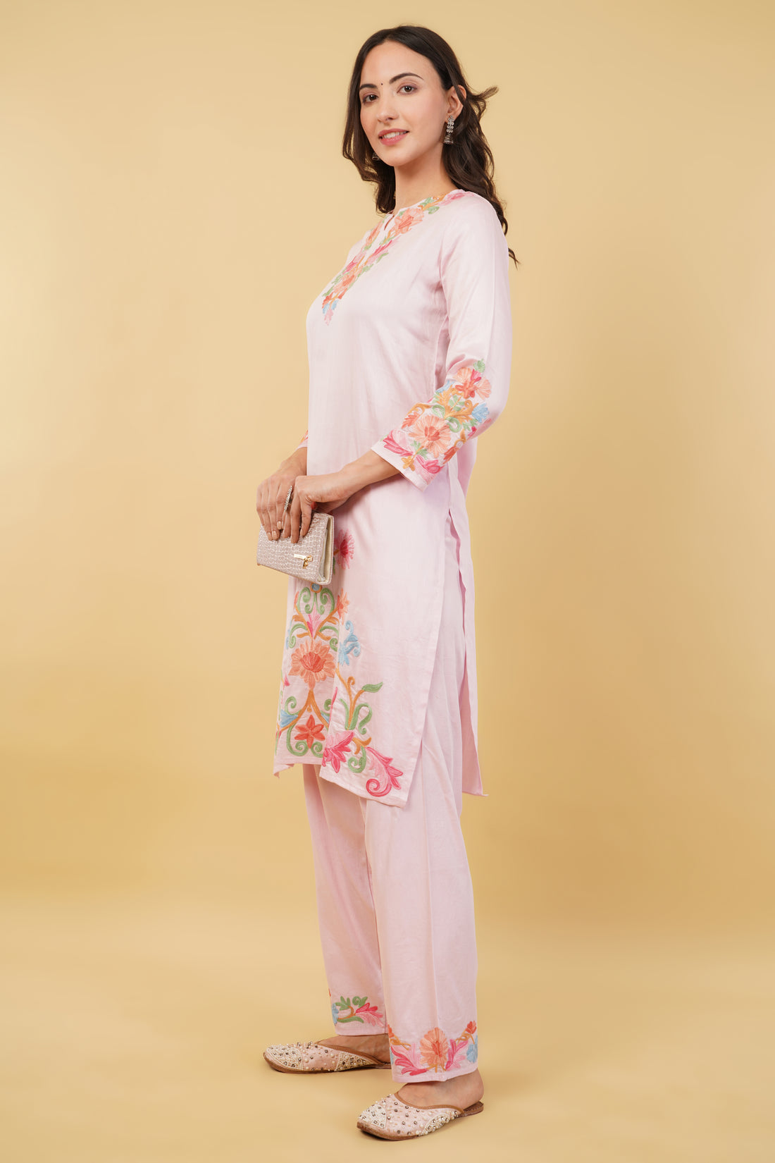 Kashmiri Aari embroidery Jaam Cotton Co-ord set Size-38 (Pink)