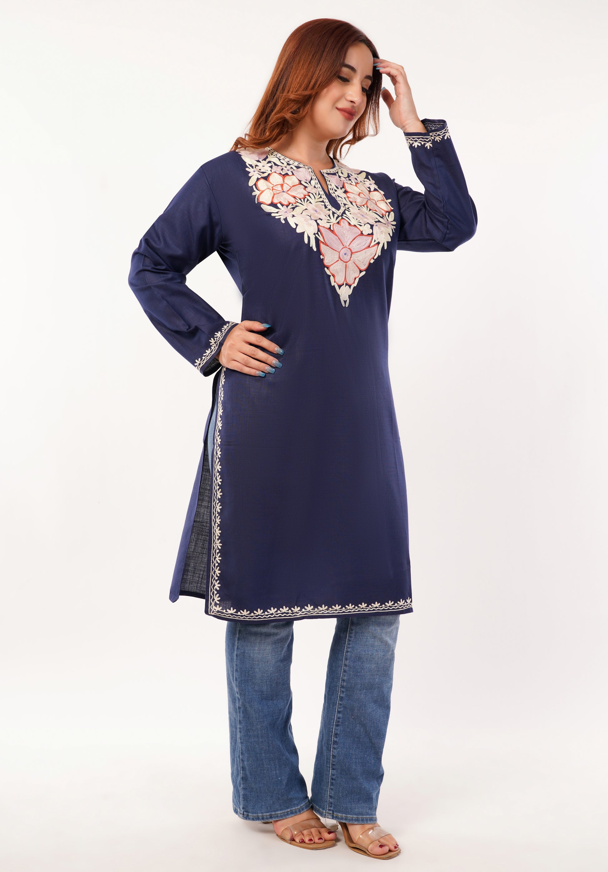 Kashmiri Aari embroidery Cotton Long Kurti Size-46(Navy Blue)