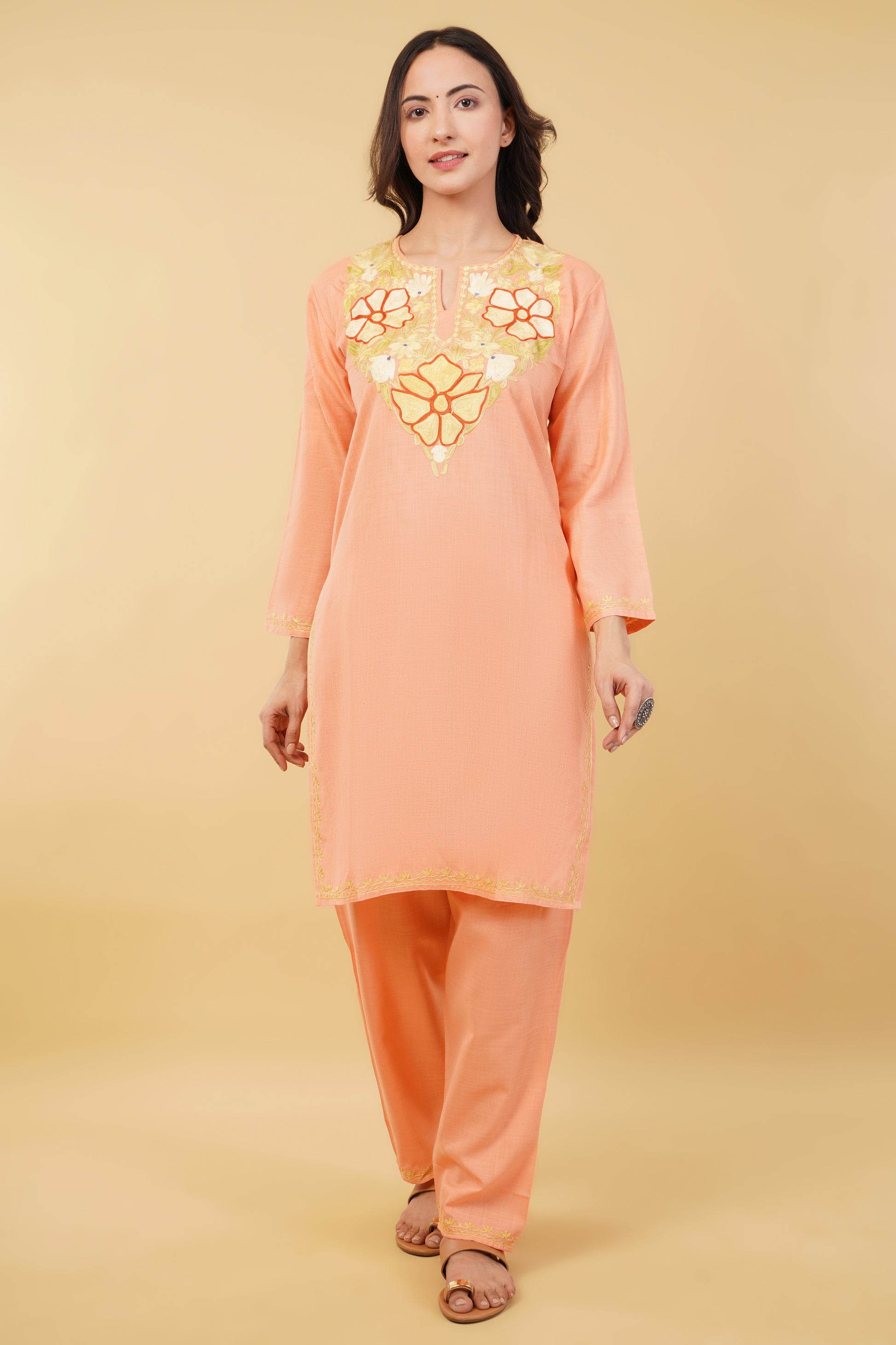 Kashmiri Aari embroidery Cotton Co-ord set Size-36 (Peach)