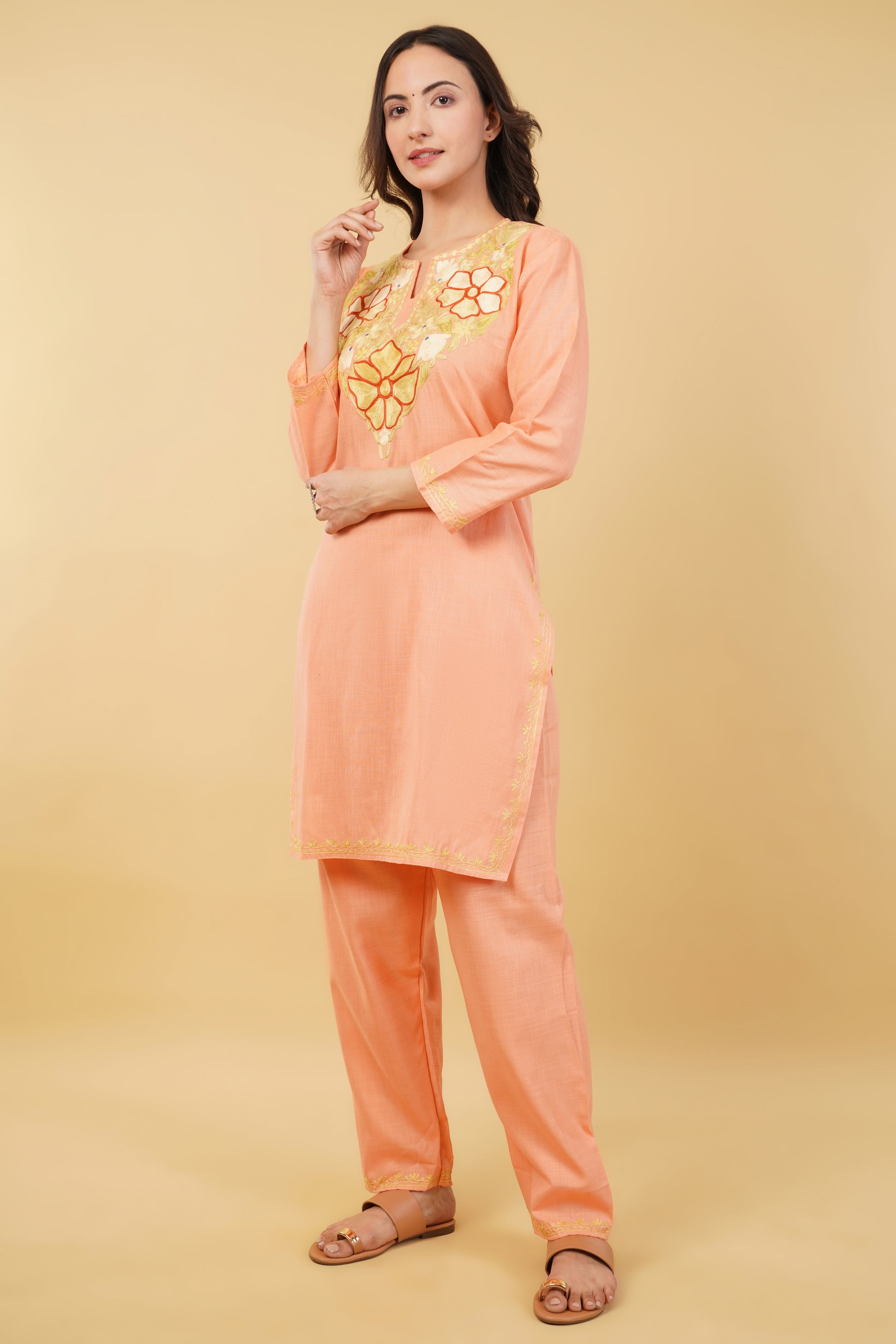 Kashmiri Aari embroidery Cotton Co-ord set Size-36 (Peach)