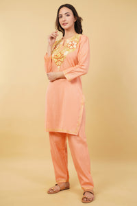 Kashmiri Aari embroidery Cotton Co-ord set Size-36 (Peach)
