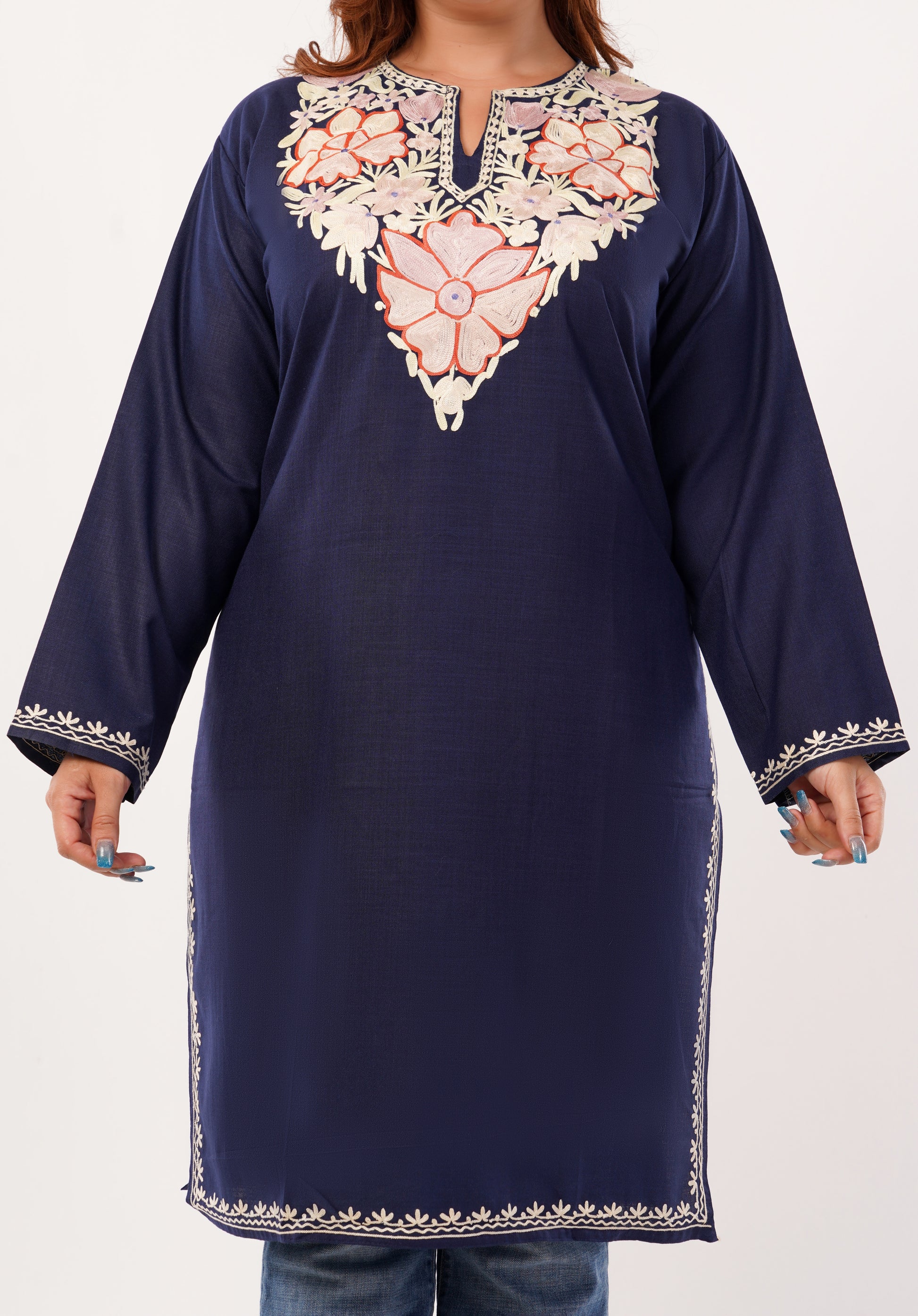 Kashmiri Aari embroidery Cotton Long Kurti Size-46(Navy Blue)