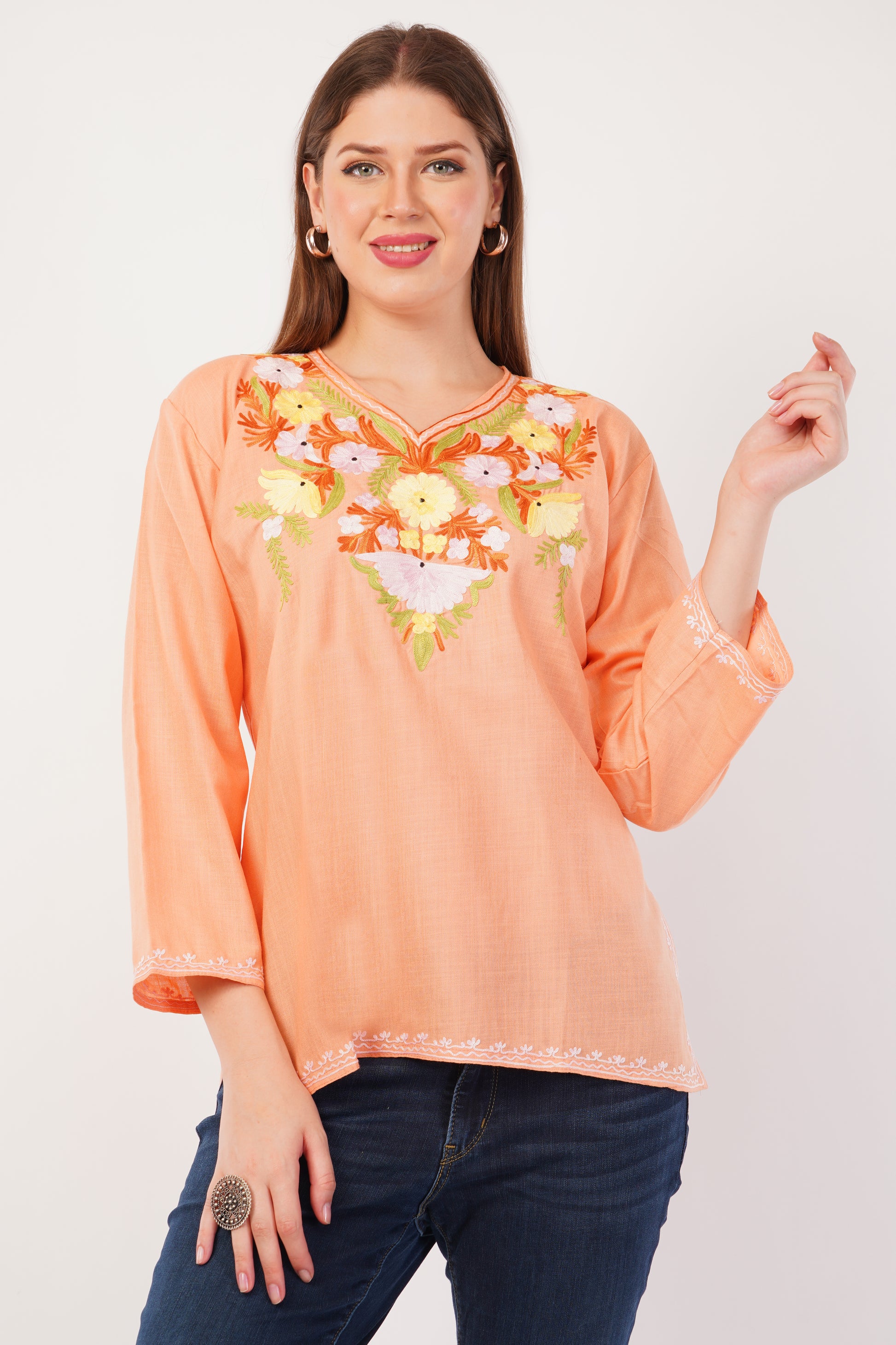 Kashmiri Aari embroidery Cotton Short Kurti Size-42(Peach)