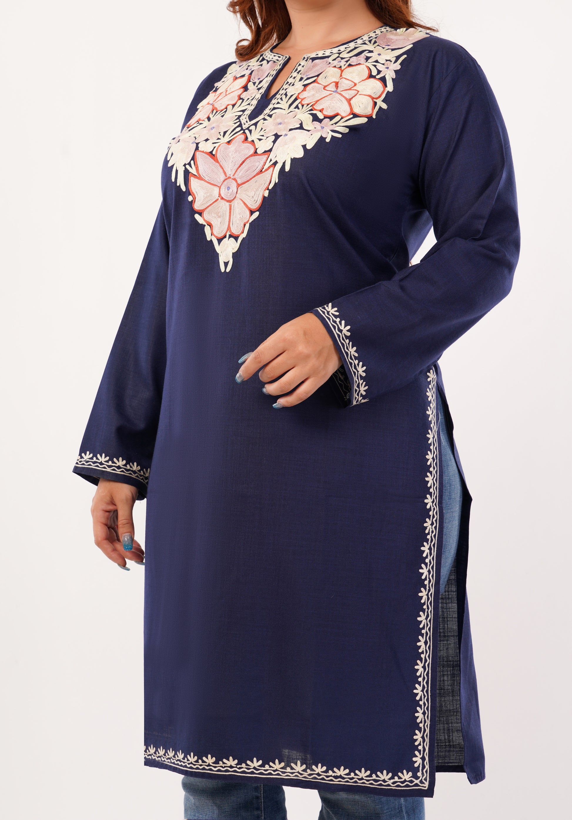 Kashmiri Aari embroidery Cotton Long Kurti Size-46(Navy Blue)