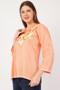 Kashmiri Aari embroidery Cotton Short Kurti Size-42(Peach)