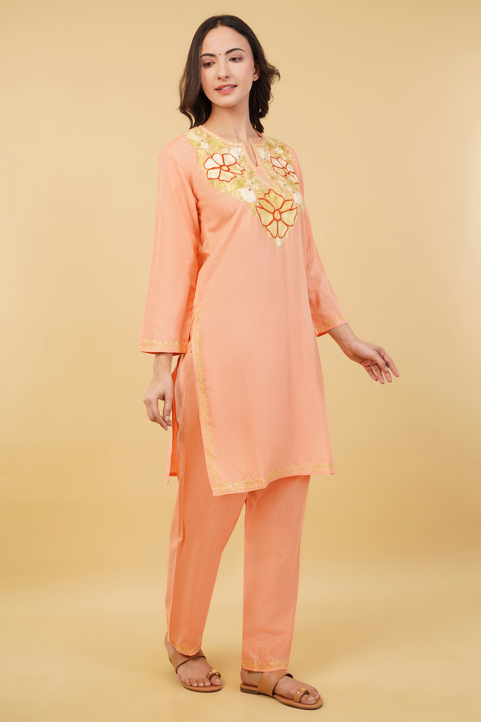 Kashmiri Aari embroidery Cotton Co-ord set Size-36 (Peach)