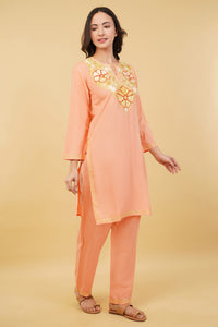 Kashmiri Aari embroidery Cotton Co-ord set Size-36 (Peach)