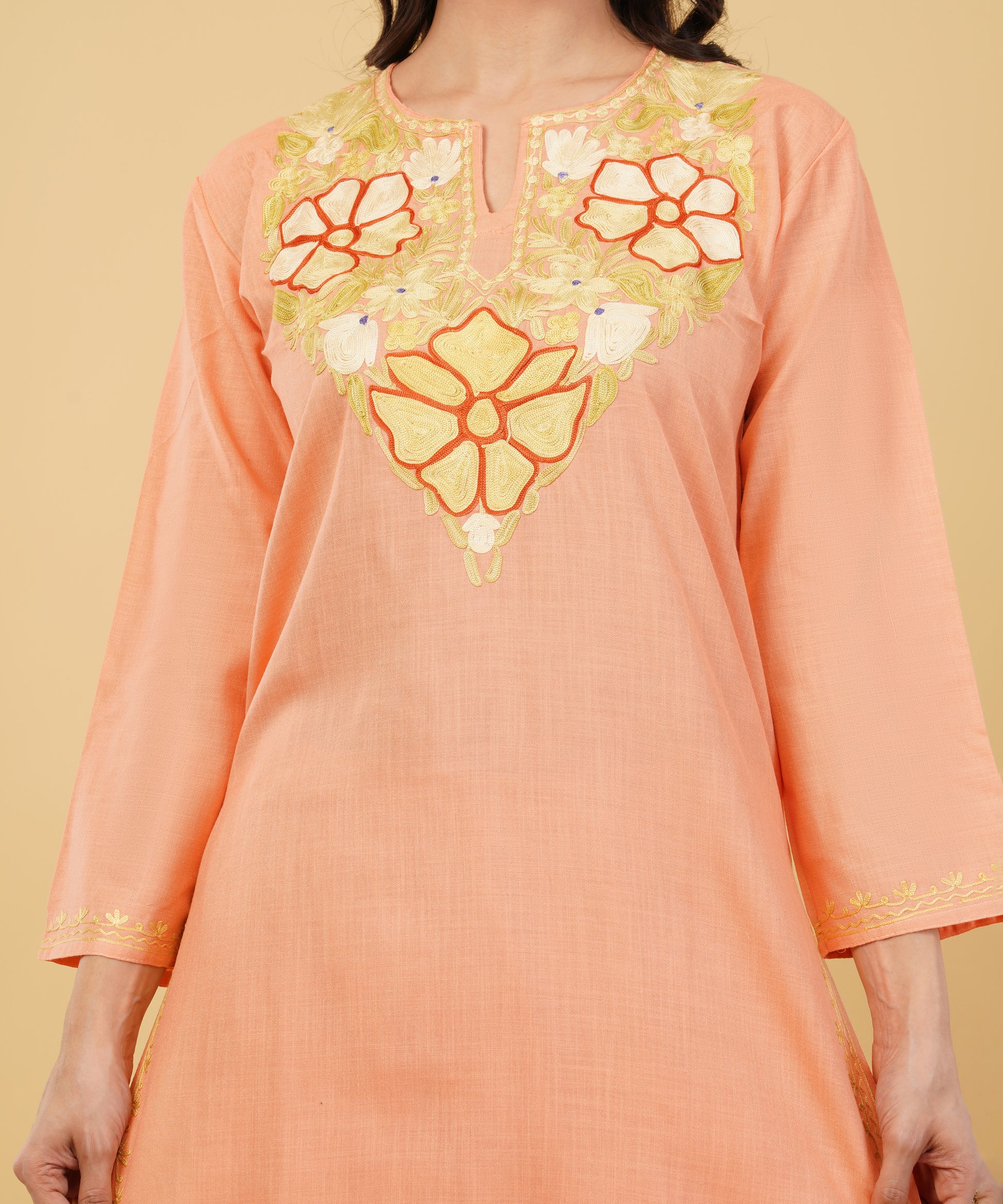 Kashmiri Aari embroidery Cotton Co-ord set Size-36 (Peach)
