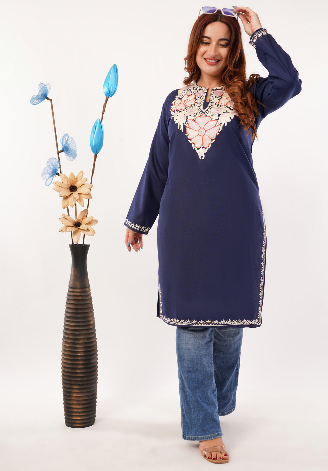 Kashmiri Aari embroidery Cotton Long Kurti Size-46(Navy Blue)