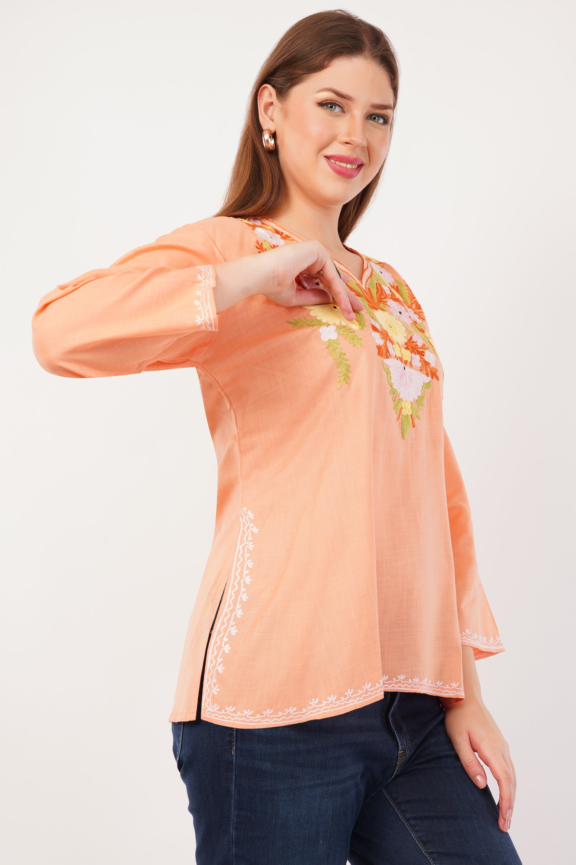 Kashmiri Aari embroidery Cotton Short Kurti Size-42(Peach)