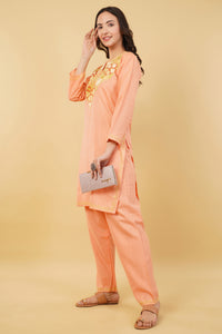 Kashmiri Aari embroidery Cotton Co-ord set Size-36 (Peach)