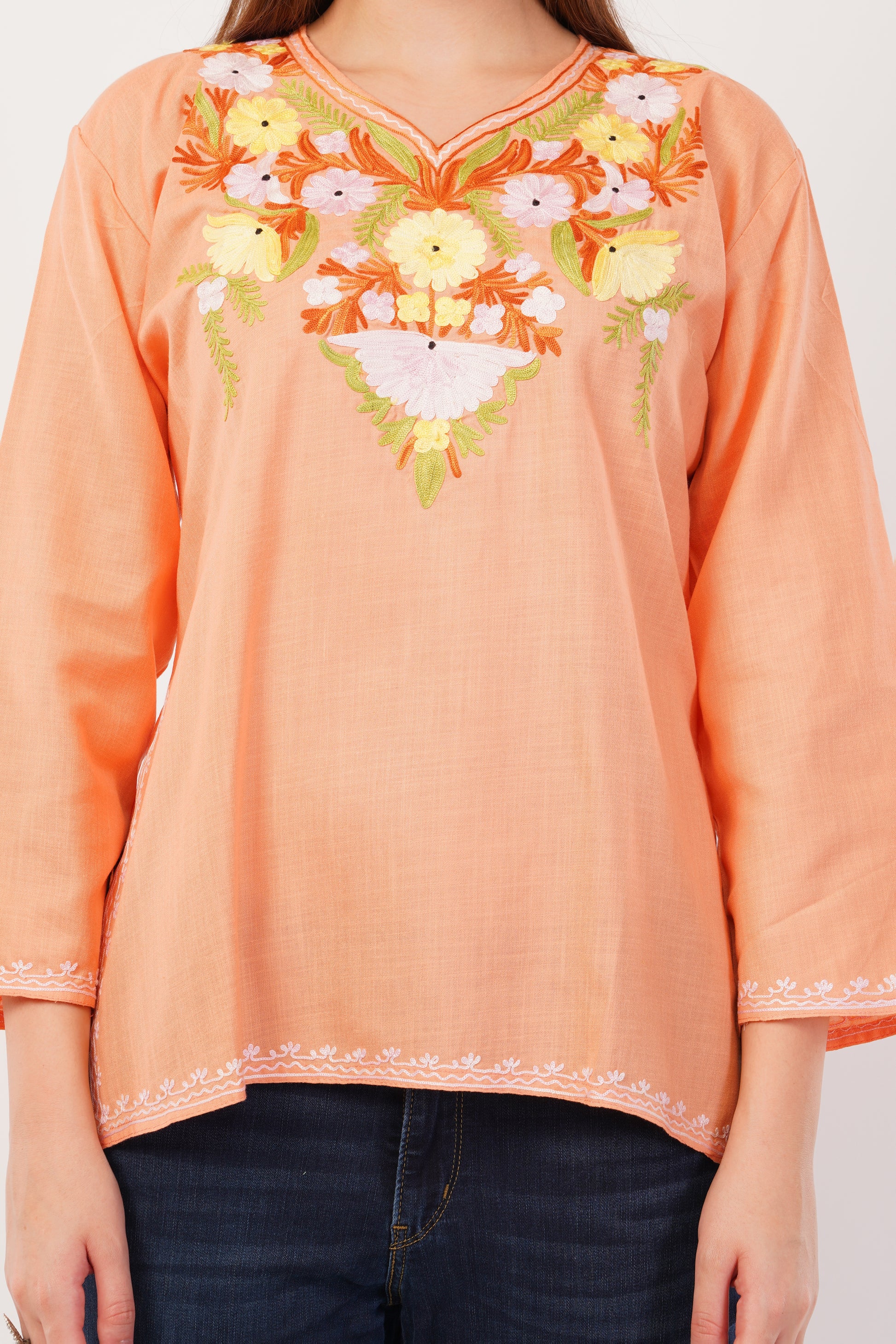 Kashmiri Aari embroidery Cotton Short Kurti Size-42(Peach)