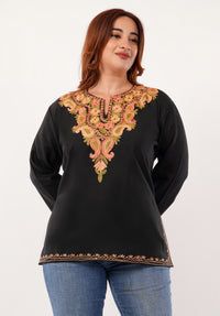 Kashmiri Aari embroidery Cotton Short Kurti Size-46 (Black)