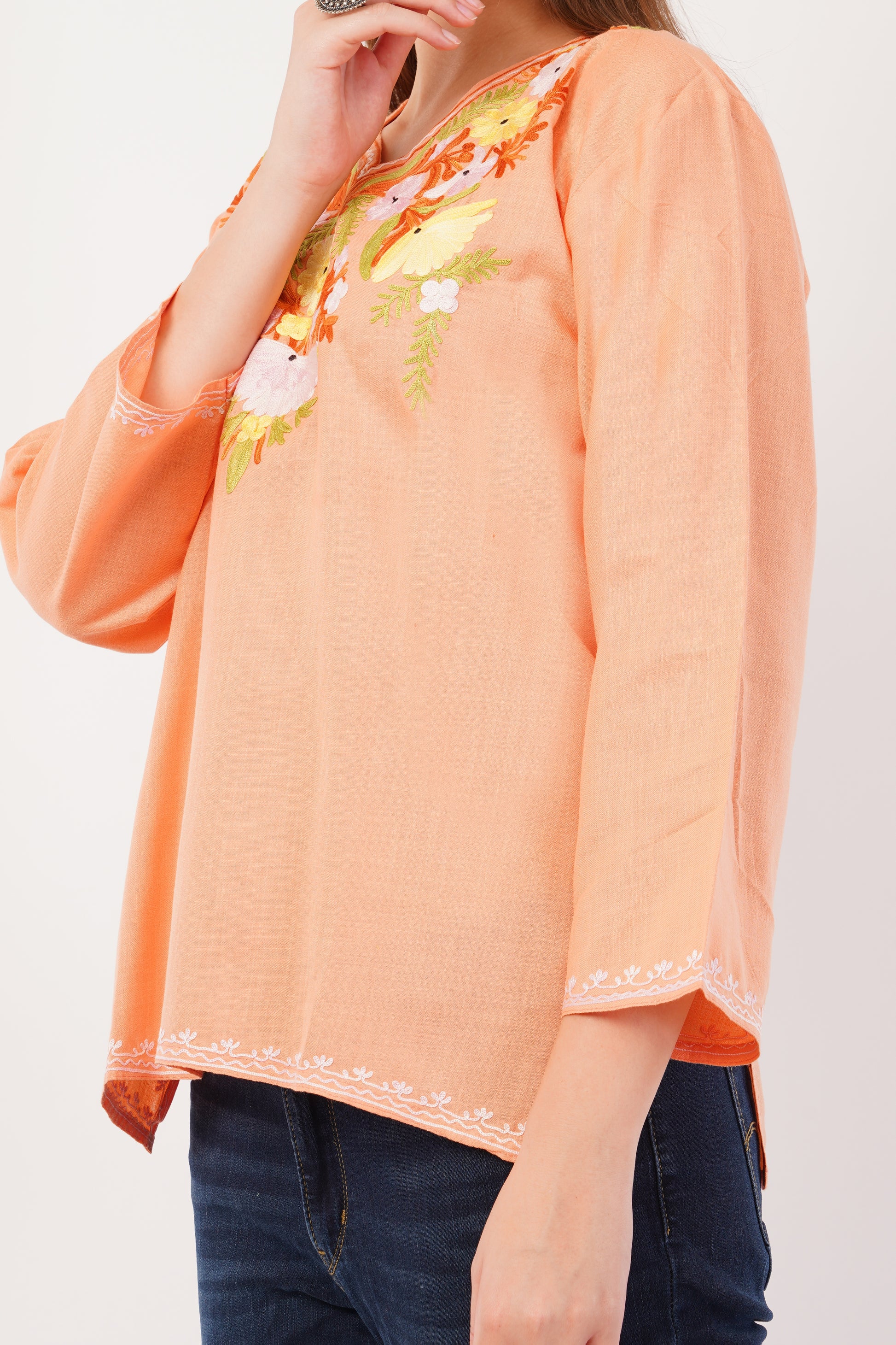 Kashmiri Aari embroidery Cotton Short Kurti Size-42(Peach)