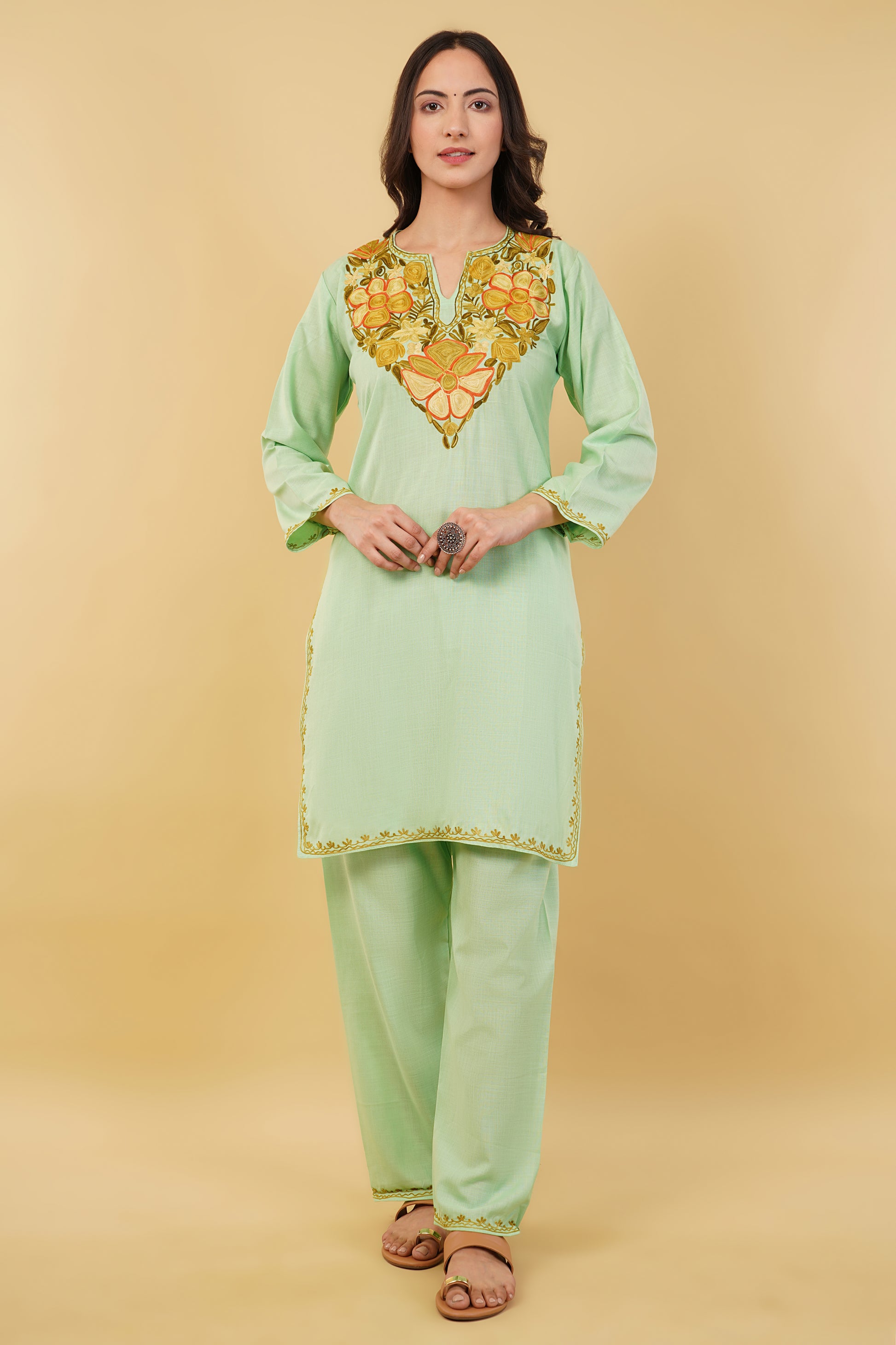Kashmiri Aari embroidery Cotton Co-ord set Size-36 (Green)