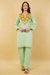 Kashmiri Aari embroidery Cotton Co-ord set Size-36 (Green)