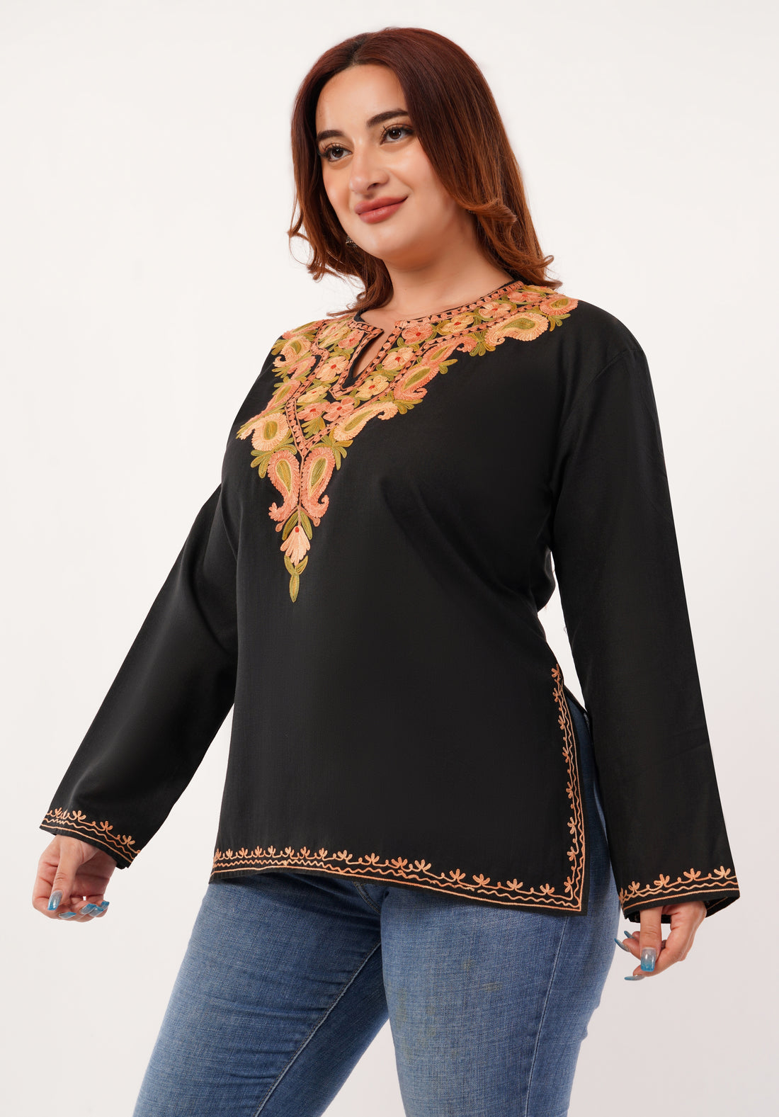 Kashmiri Aari embroidery Cotton Short Kurti Size-46 (Black)