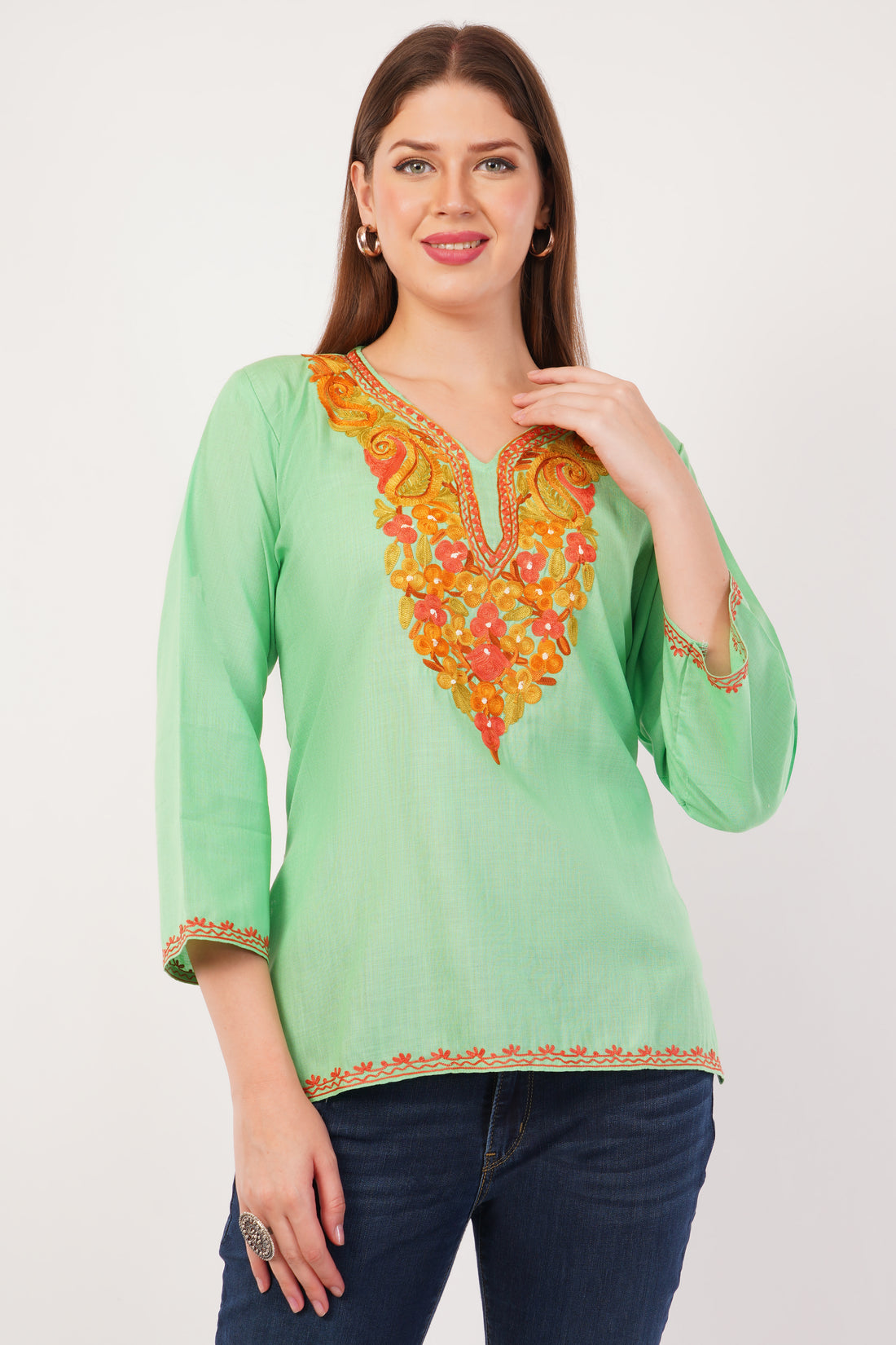 Kashmiri Aari embroidery Cotton Short Kurti Size-42(Green)