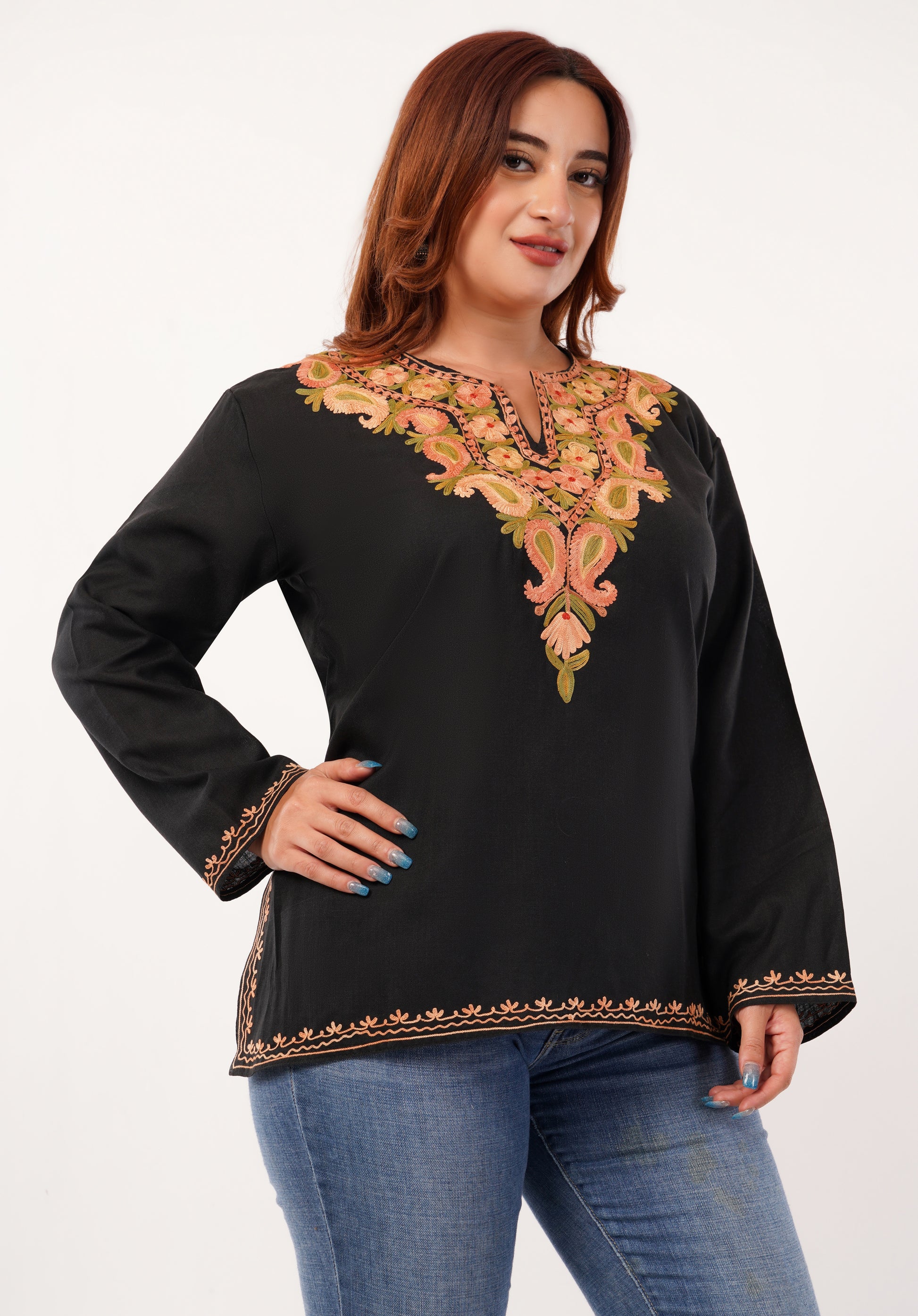 Kashmiri Aari embroidery Cotton Short Kurti Size-46 (Black)