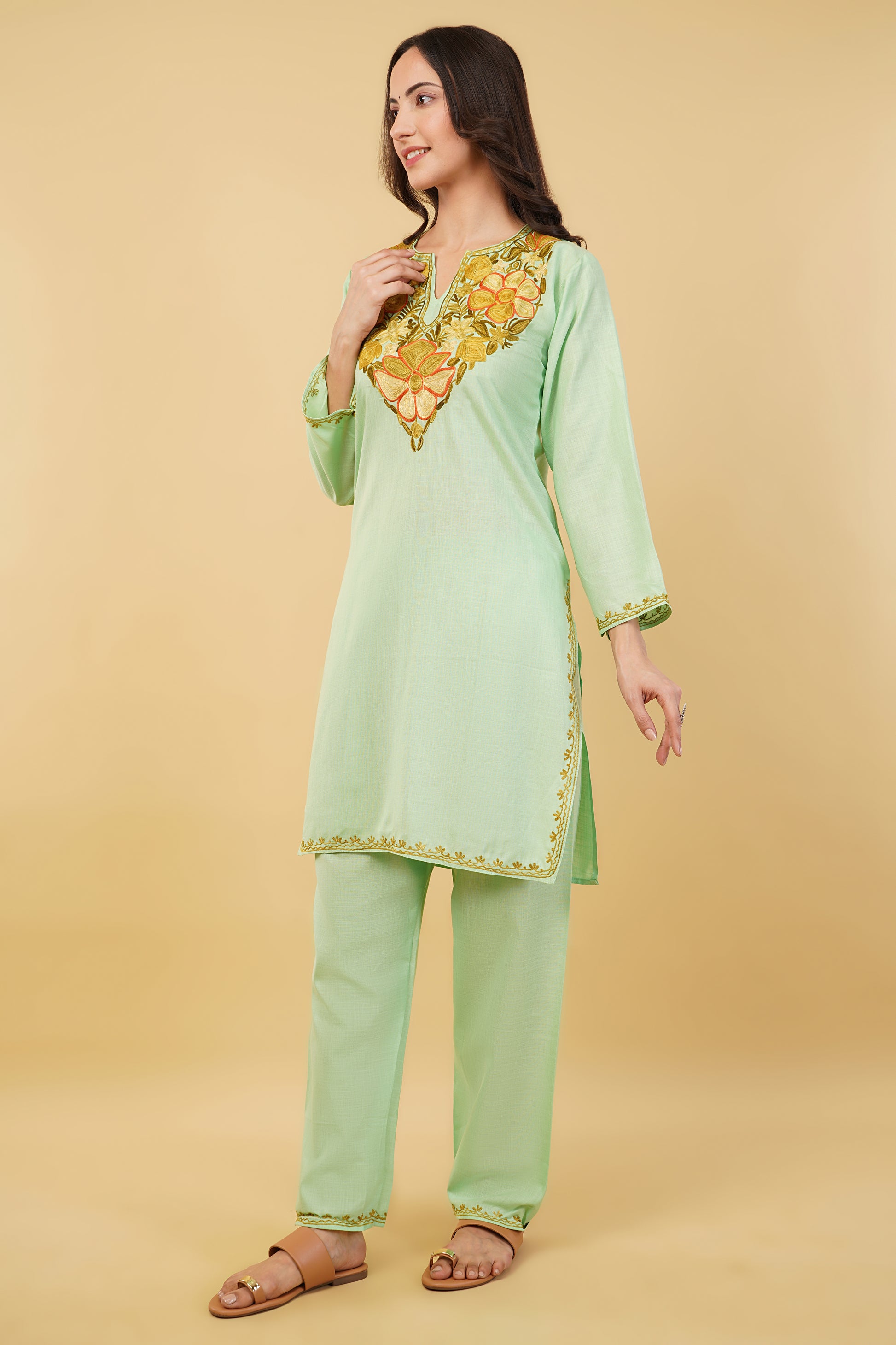 Kashmiri Aari embroidery Cotton Co-ord set Size-36 (Green)