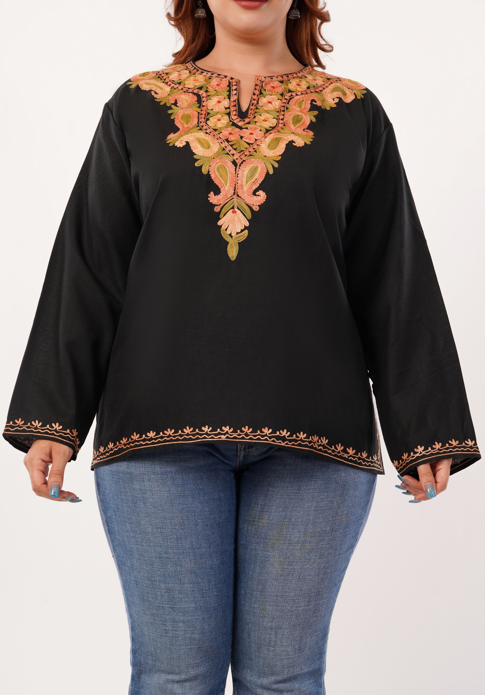 Kashmiri Aari embroidery Cotton Short Kurti Size-46 (Black)