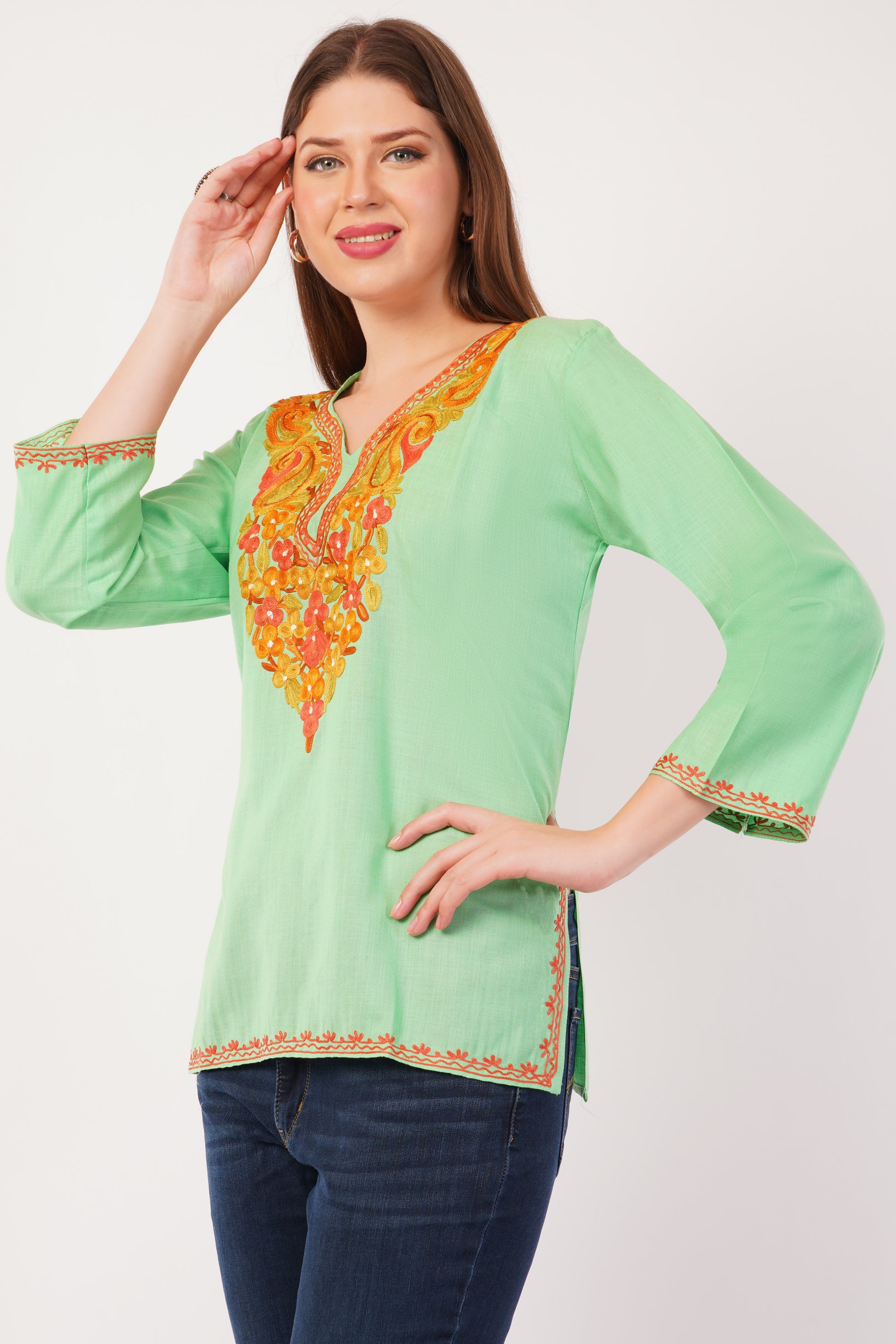 Kashmiri Aari embroidery Cotton Short Kurti Size-42(Green)