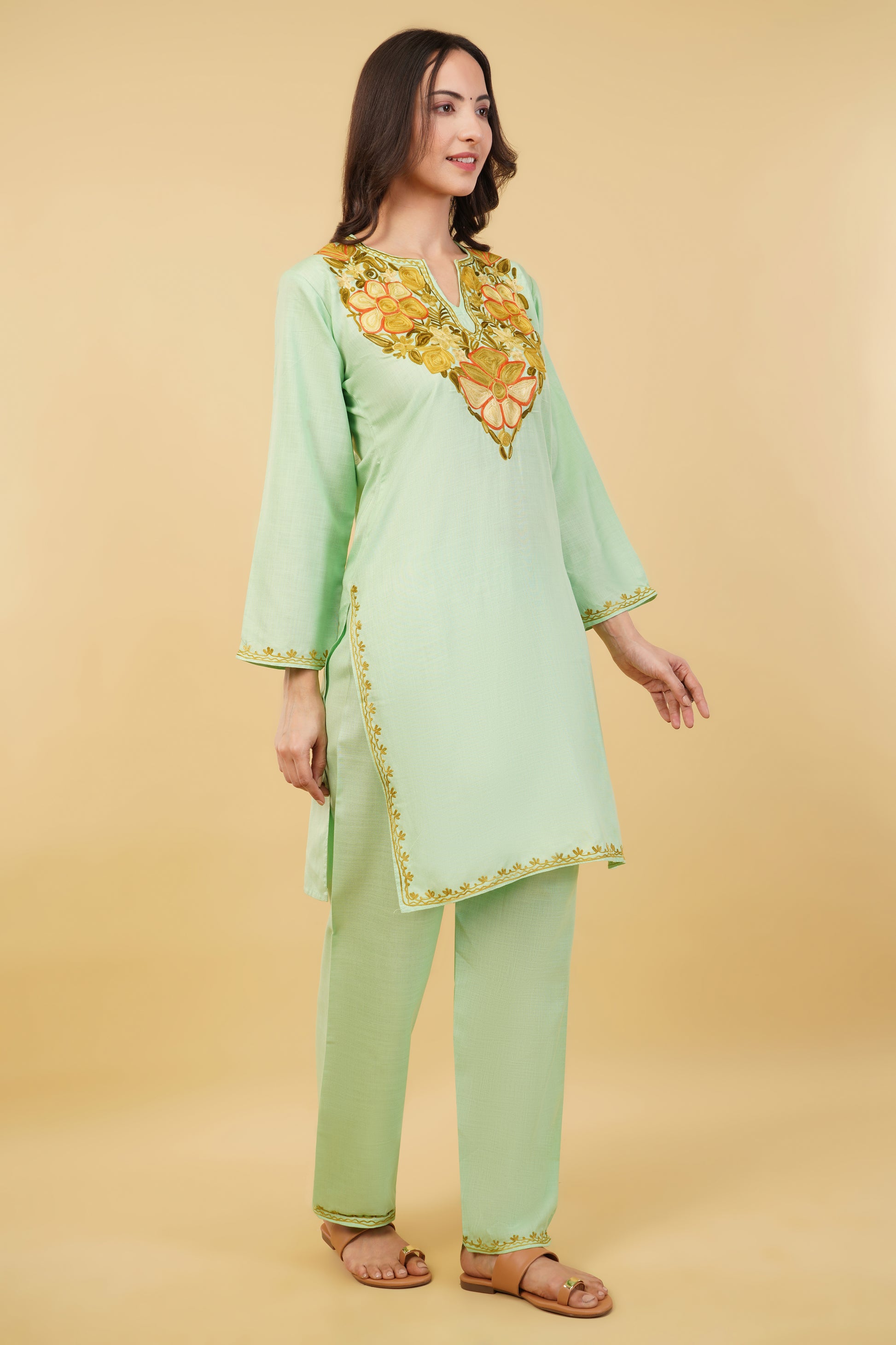 Kashmiri Aari embroidery Cotton Co-ord set Size-36 (Green)