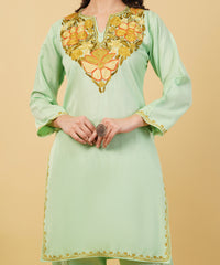 Kashmiri Aari embroidery Cotton Co-ord set Size-36 (Green)