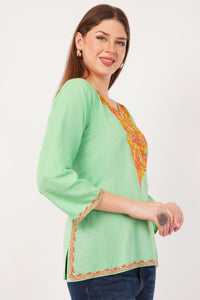 Kashmiri Aari embroidery Cotton Short Kurti Size-42(Green)