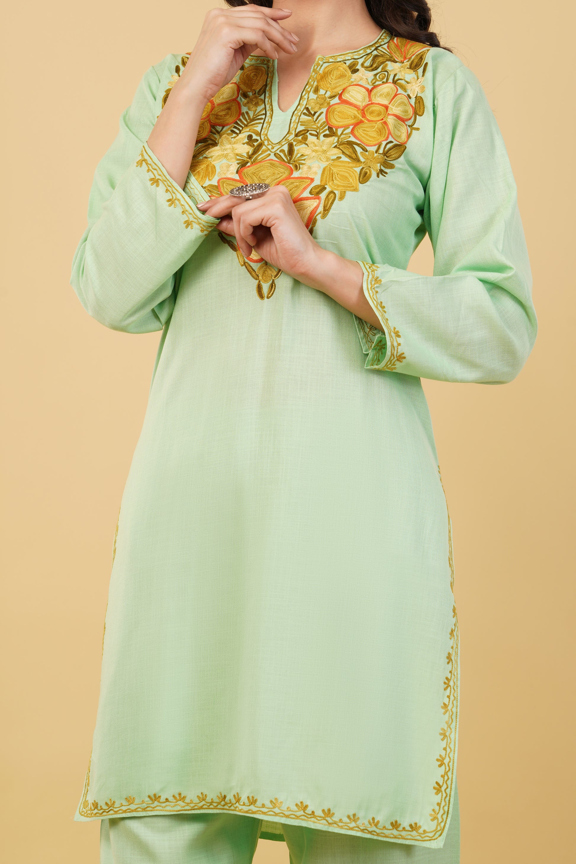 Kashmiri Aari embroidery Cotton Co-ord set Size-36 (Green)