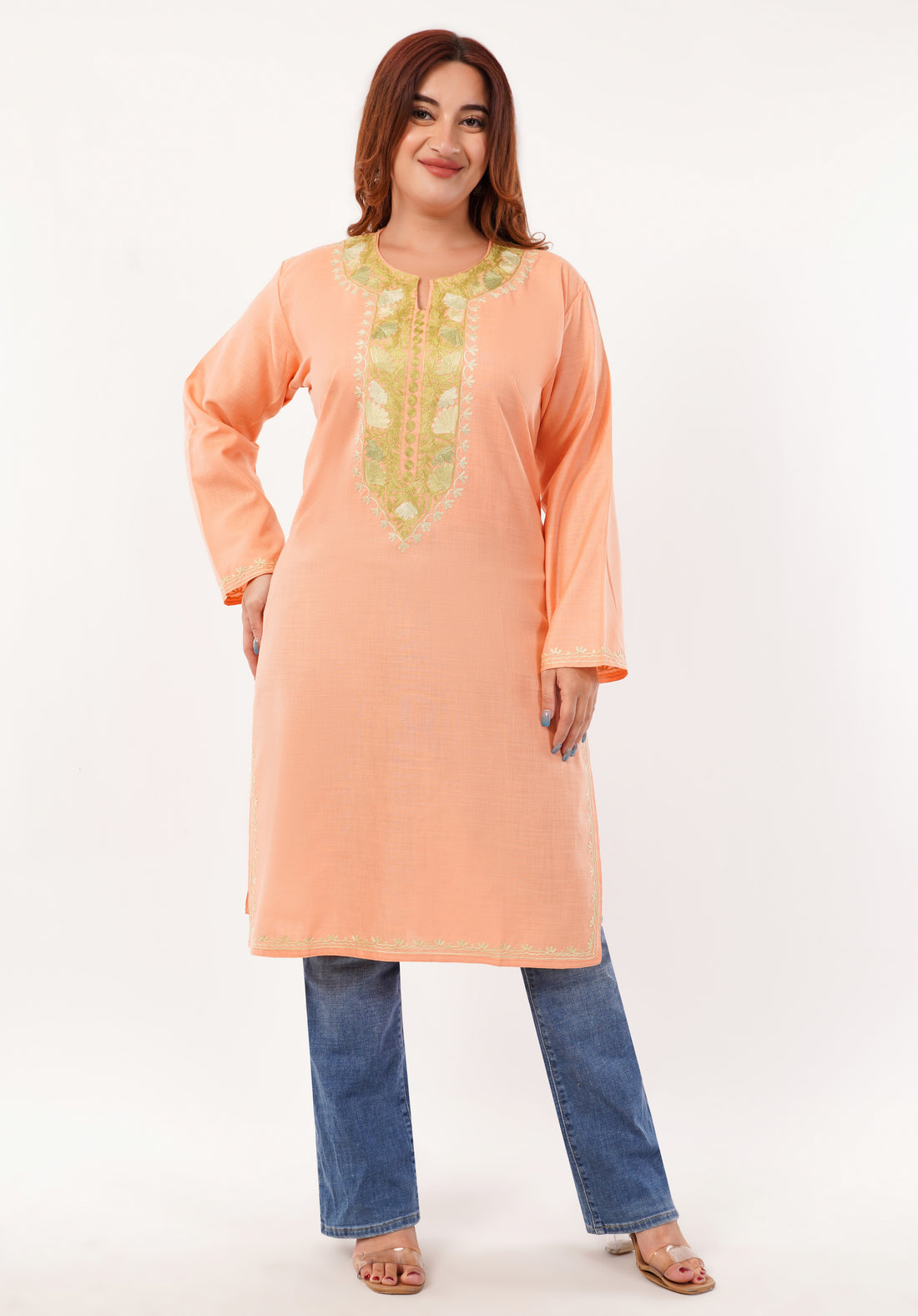 Kashmiri Aari embroidery Cotton Long Kurti Size-46(Peach)