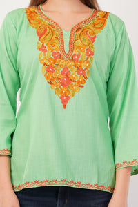 Kashmiri Aari embroidery Cotton Short Kurti Size-42(Green)