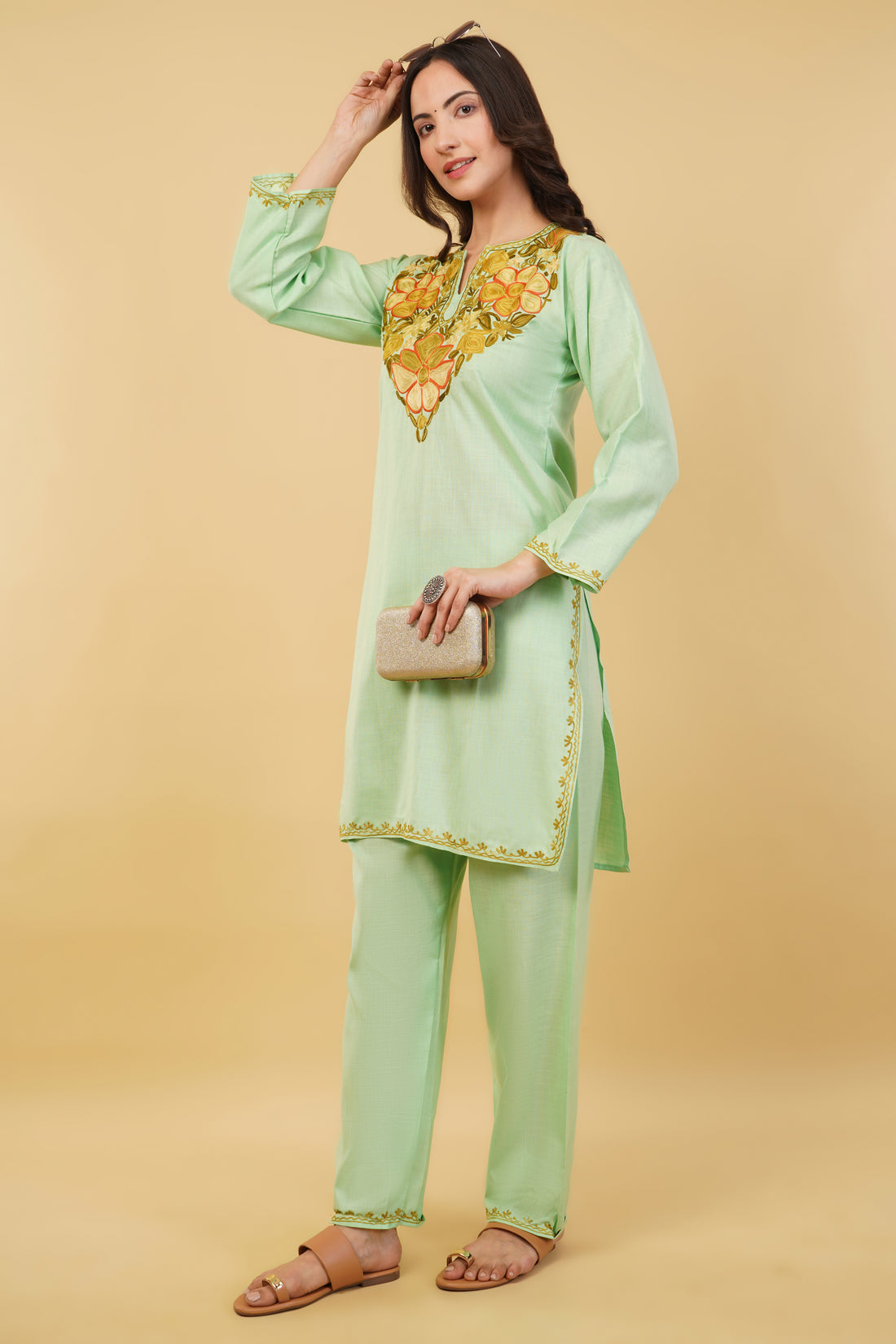Kashmiri Aari embroidery Cotton Co-ord set Size-36 (Green)