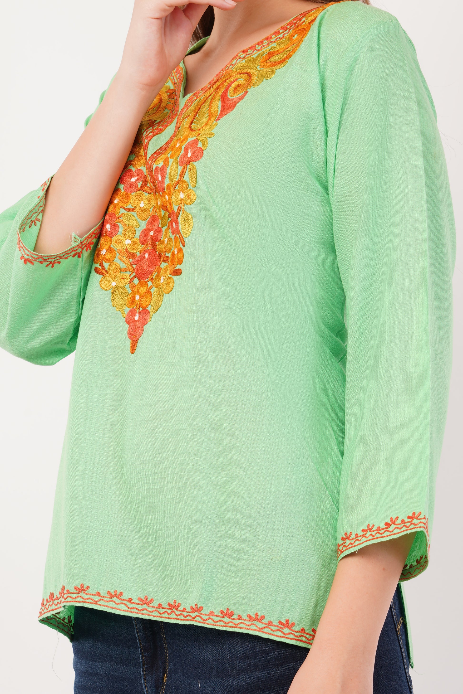 Kashmiri Aari embroidery Cotton Short Kurti Size-42(Green)