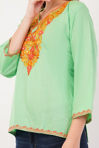 Kashmiri Aari embroidery Cotton Short Kurti Size-42(Green)