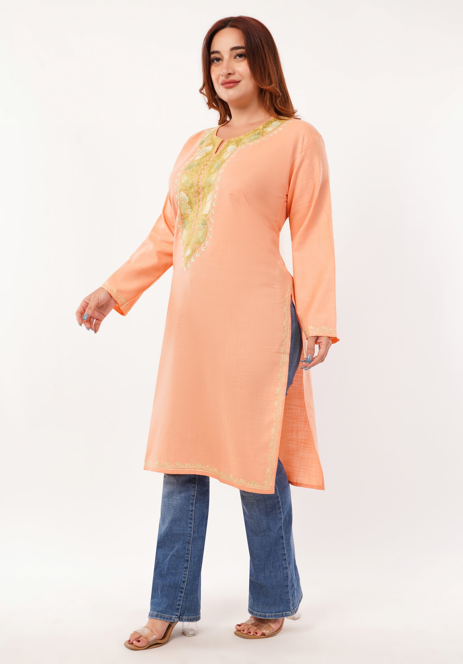 Kashmiri Aari embroidery Cotton Long Kurti Size-46(Peach)