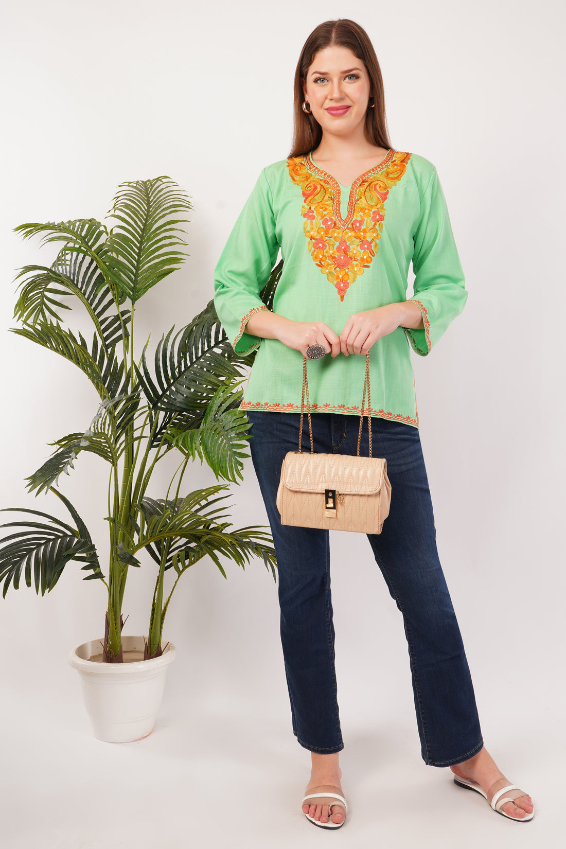 Kashmiri Aari embroidery Cotton Short Kurti Size-42(Green)