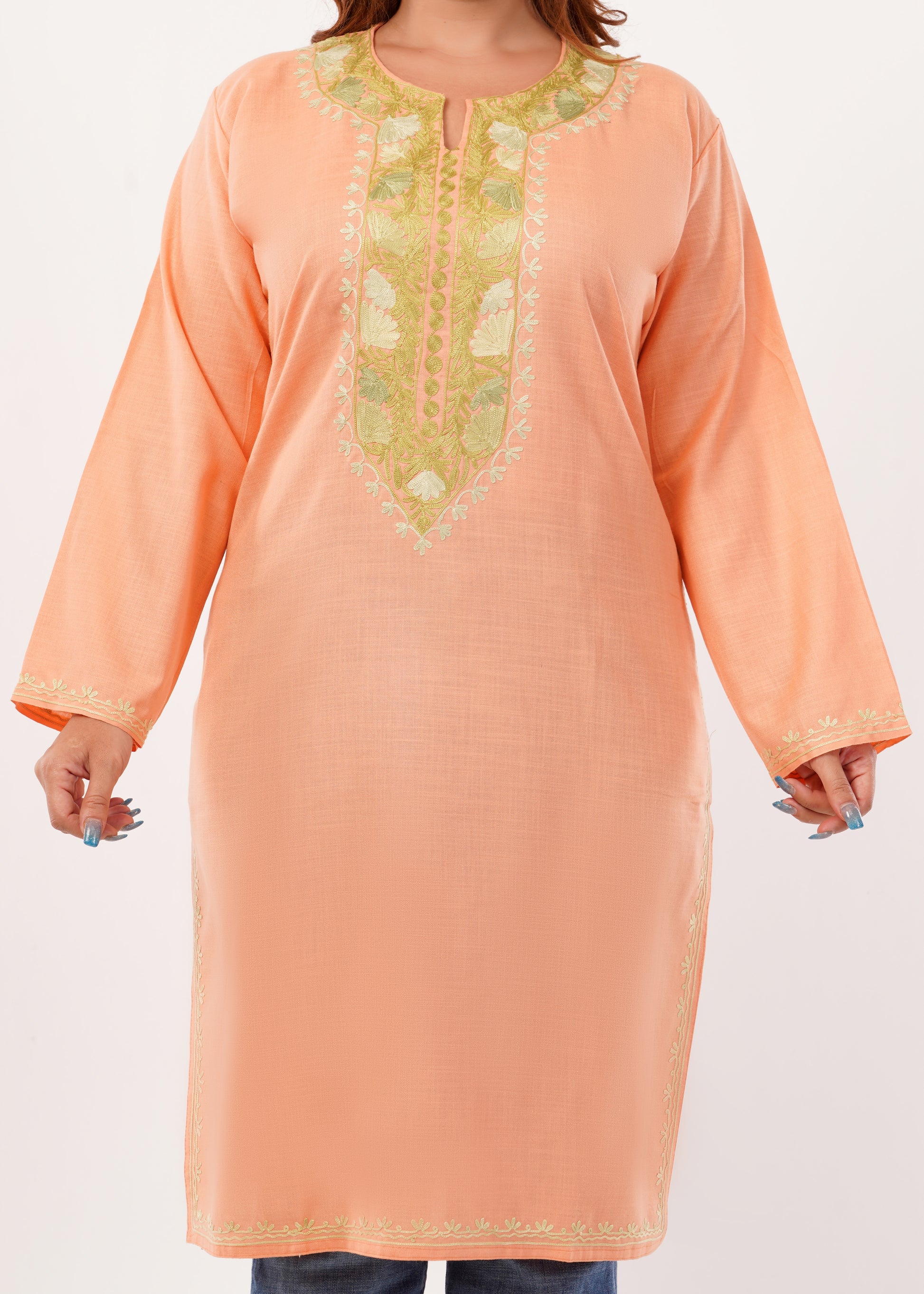 Kashmiri Aari embroidery Cotton Long Kurti Size-46(Peach)