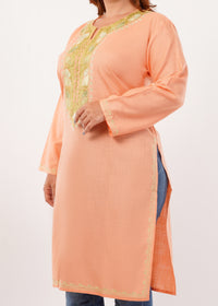 Kashmiri Aari embroidery Cotton Long Kurti Size-46(Peach)