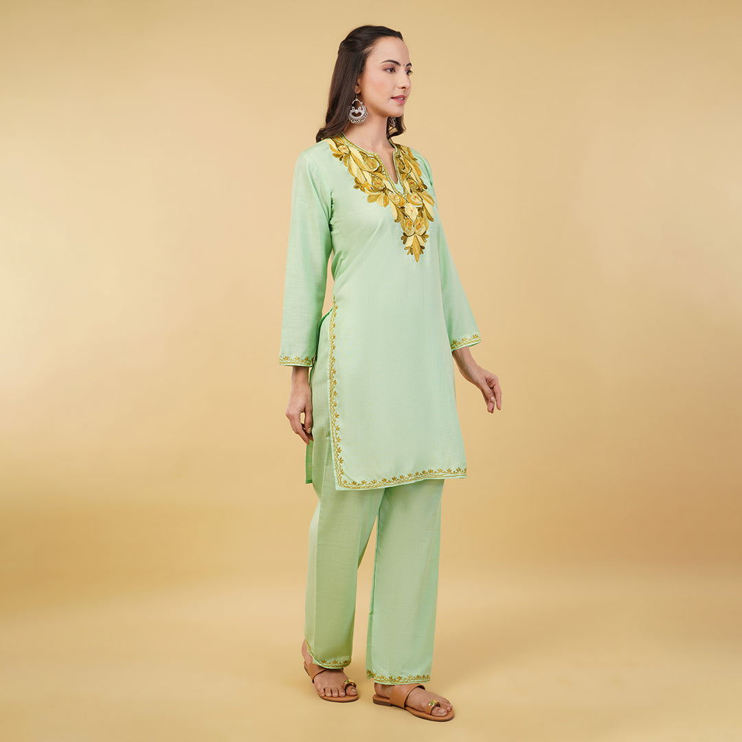 Kashmiri Aari embroidery Cotton Co-ord set Size-36 (Green)