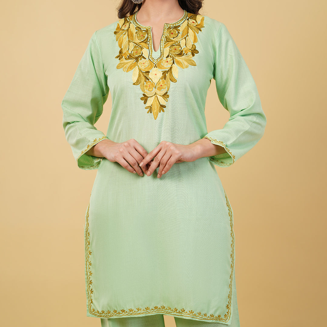 Kashmiri Aari embroidery Cotton Co-ord set Size-36 (Green)