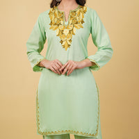 Kashmiri Aari embroidery Cotton Co-ord set Size-36 (Green)