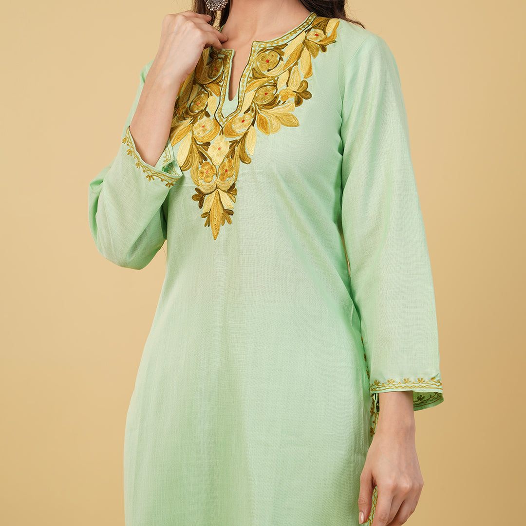 Kashmiri Aari embroidery Cotton Co-ord set Size-36 (Green)