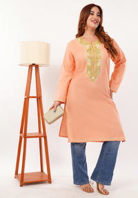 Kashmiri Aari embroidery Cotton Long Kurti Size-46(Peach)