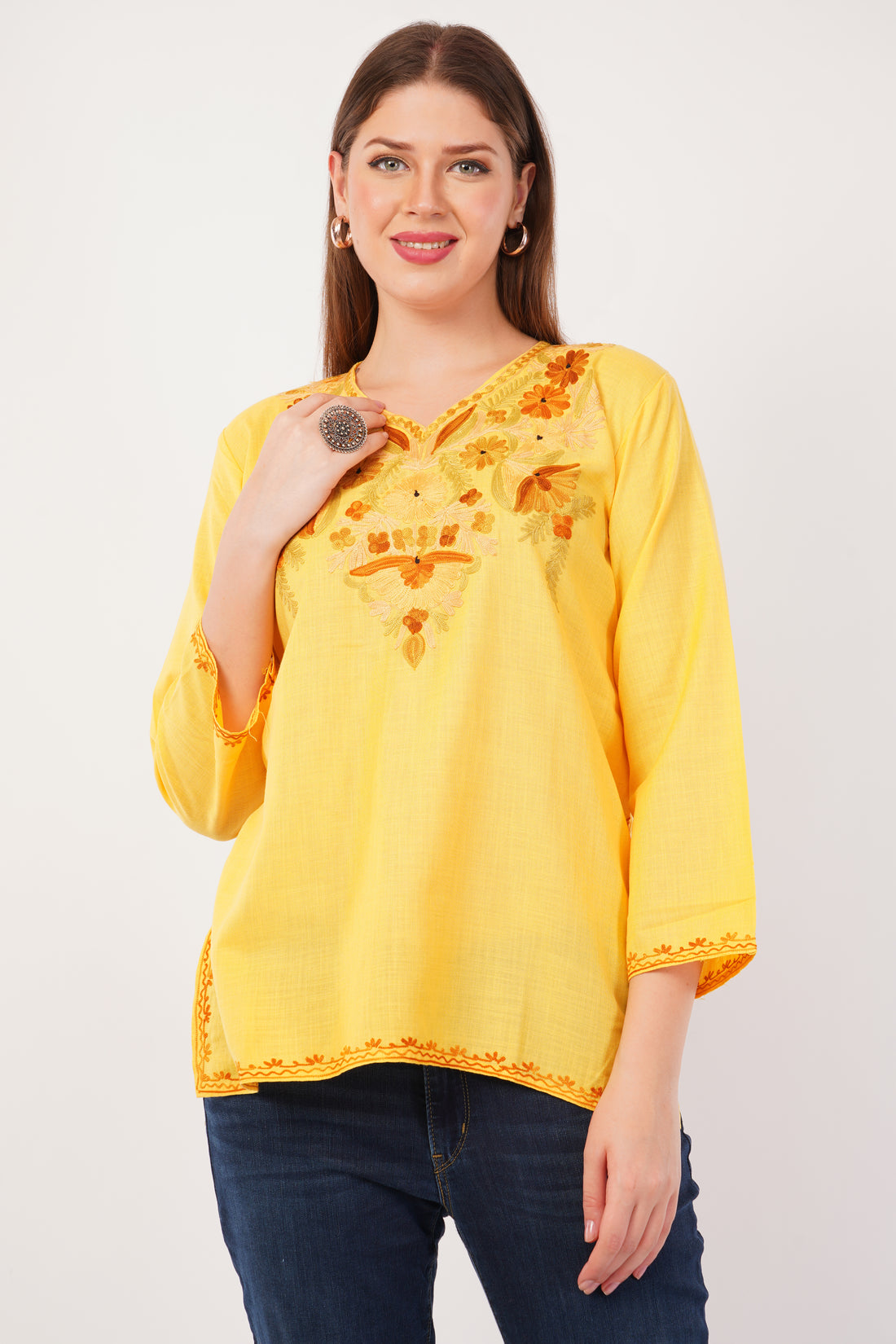 Kashmiri Aari embroidery Cotton Short Kurti Size-42(Yellow)