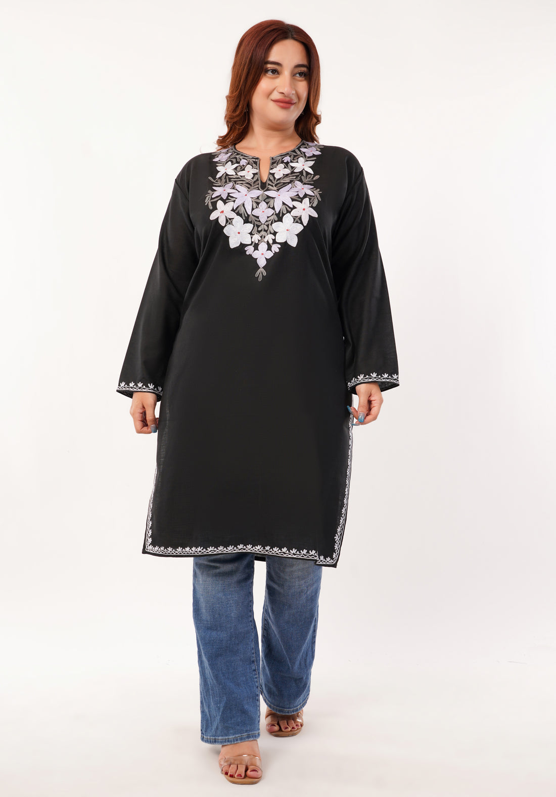 Kashmiri Aari embroidery Cotton Long Kurti Size-46(Black)