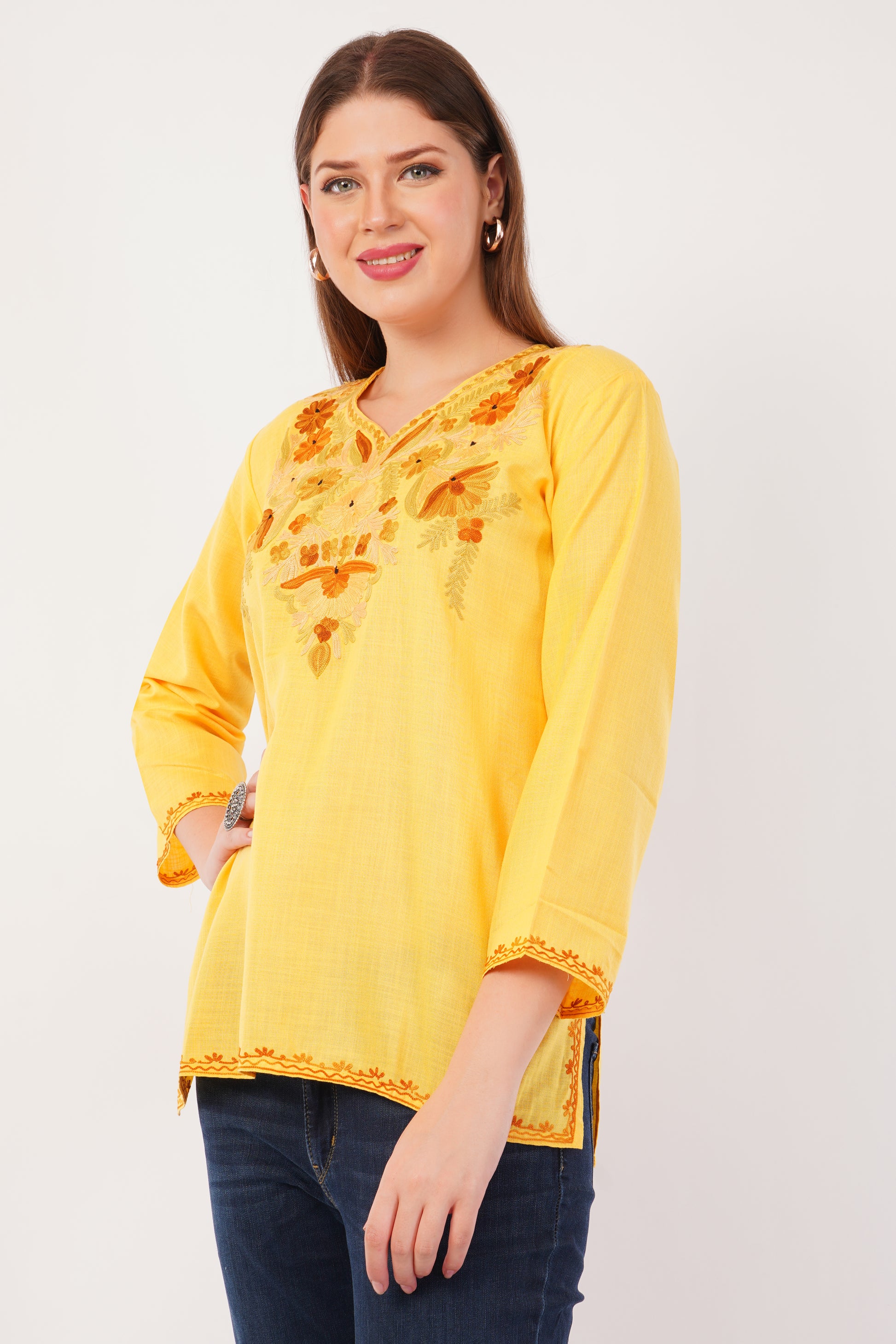 Kashmiri Aari embroidery Cotton Short Kurti Size-42(Yellow)