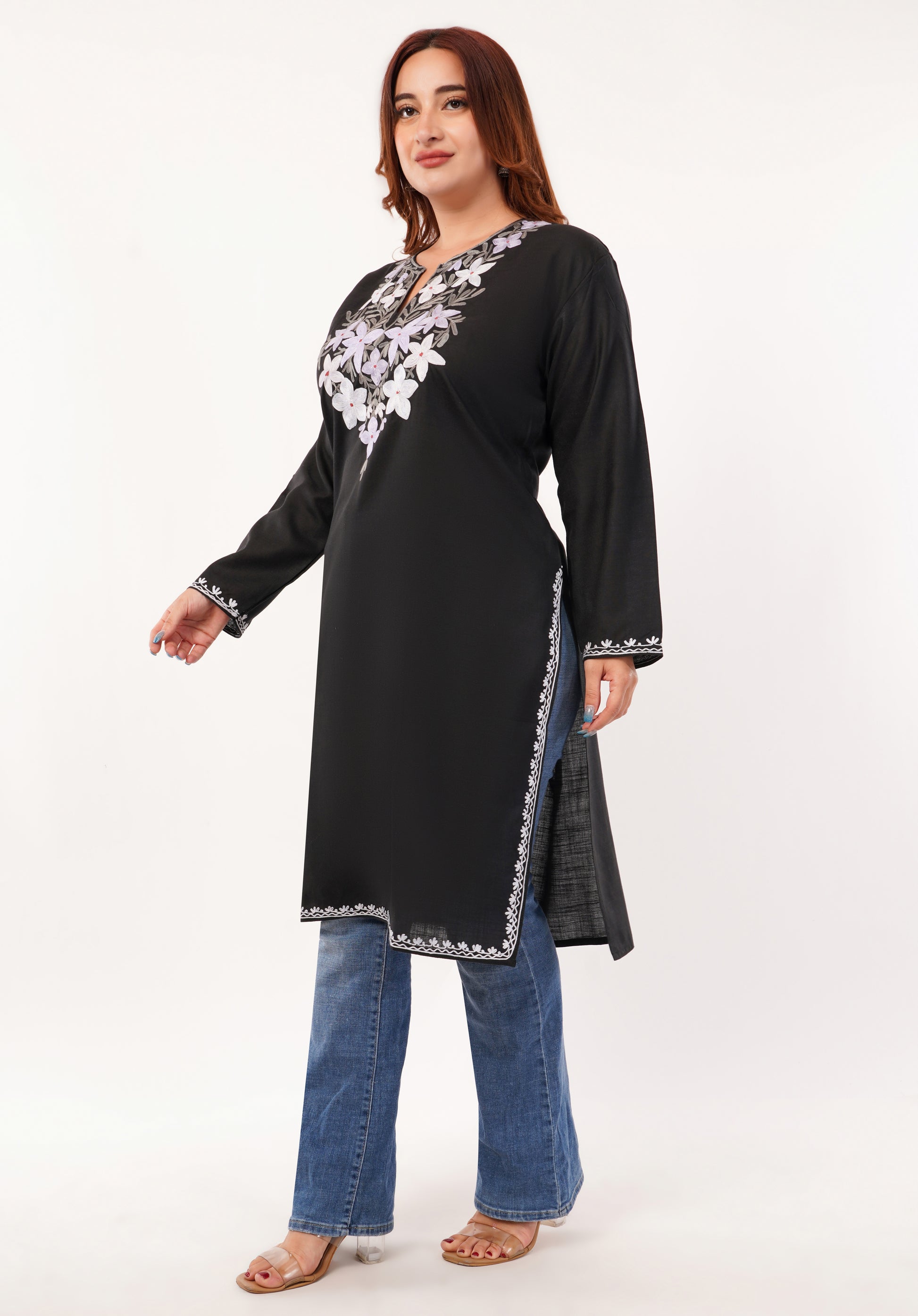 Kashmiri Aari embroidery Cotton Long Kurti Size-46(Black)