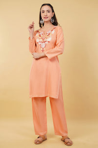 Kashmiri Aari embroidery Cotton Co-ord set Size-36 (Peach)
