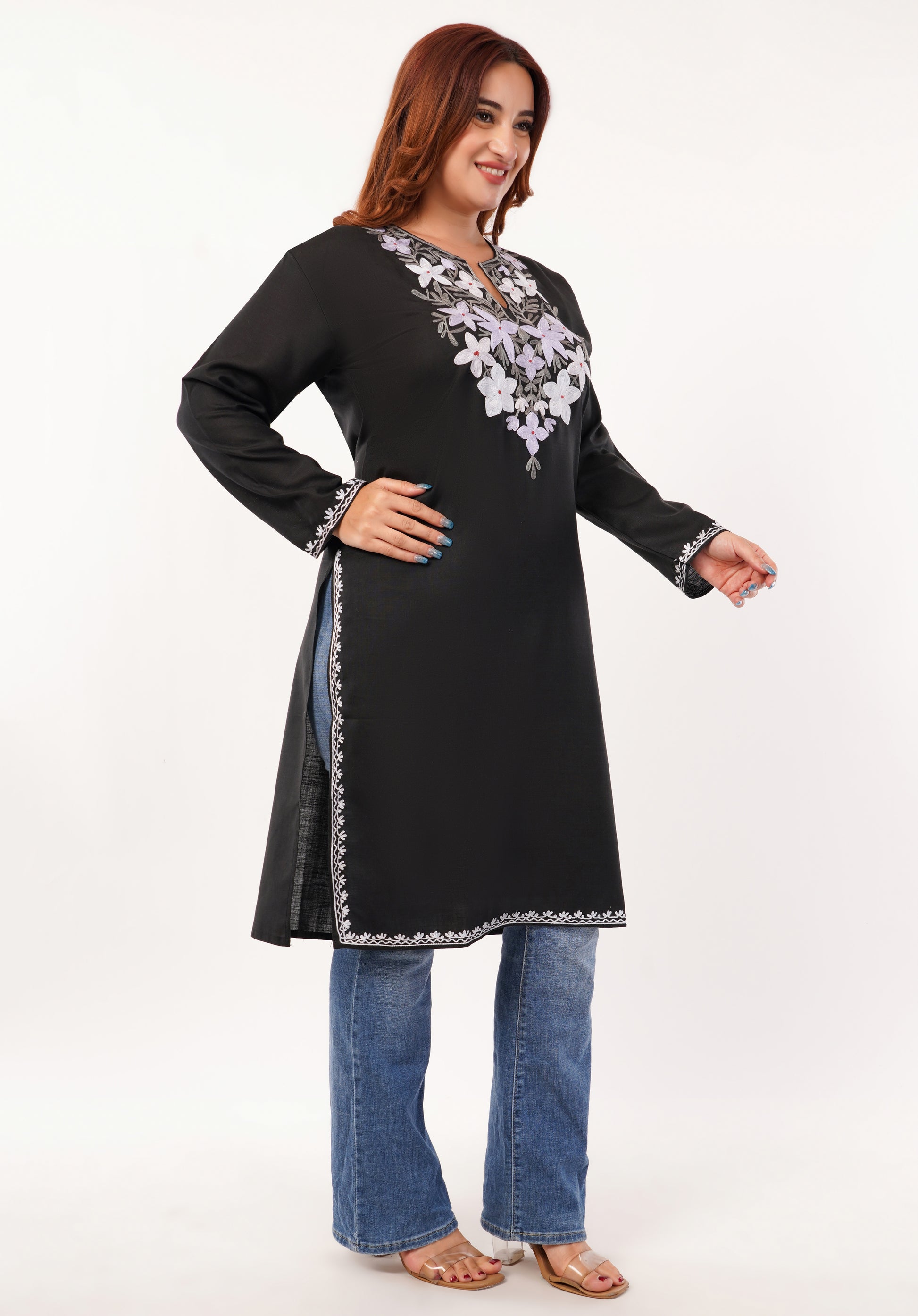 Kashmiri Aari embroidery Cotton Long Kurti Size-46(Black)